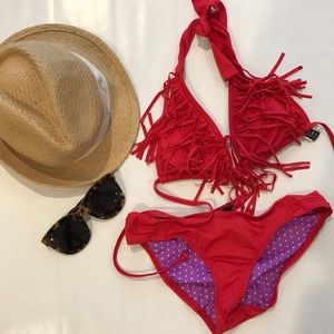 Red Guess fringe tassel bikini set size small swim